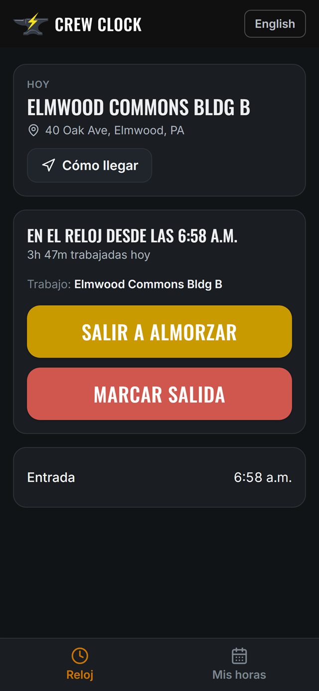Crew Clock on-the-clock screen in Spanish