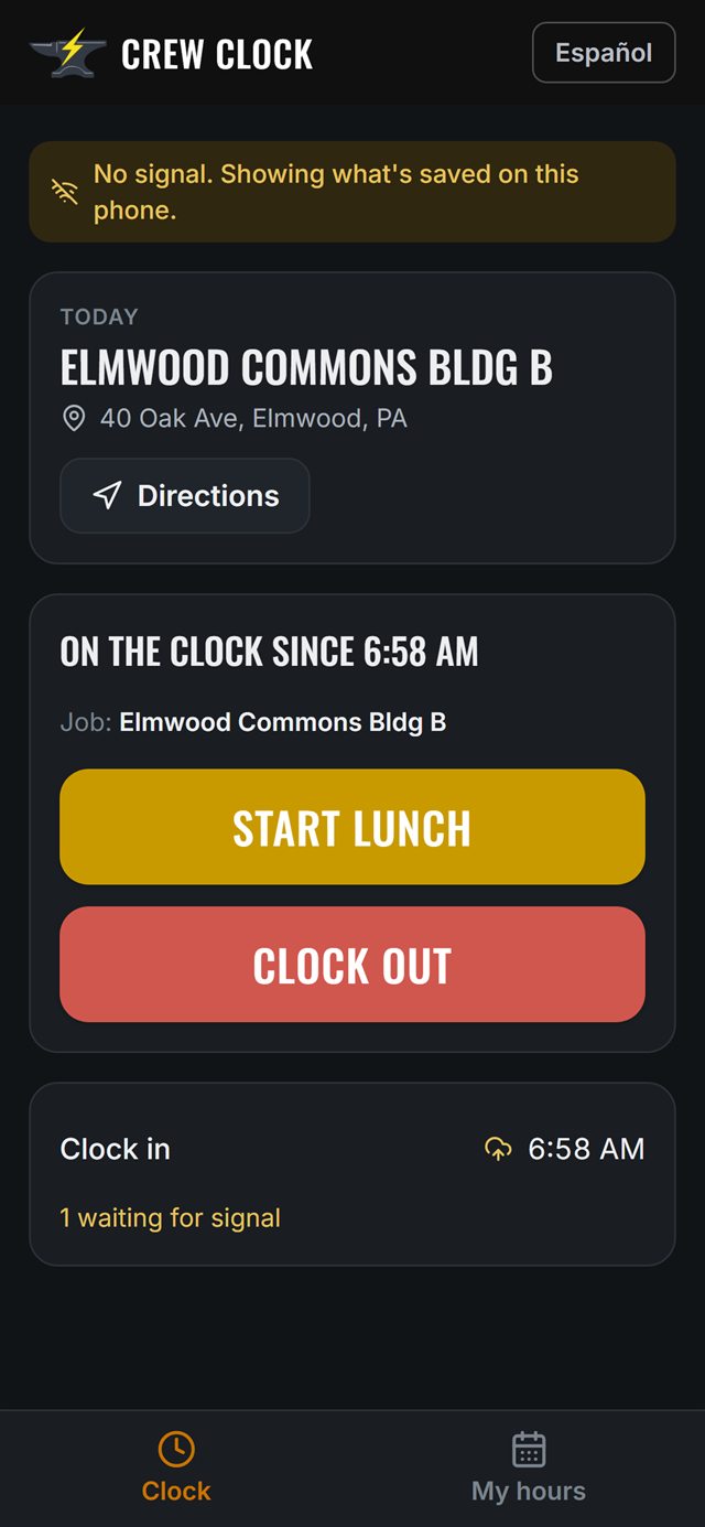 Crew Clock with no signal, a punch saved on the phone