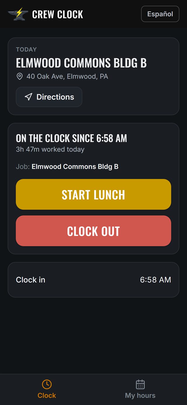 Crew Clock on the clock with lunch and clock-out buttons