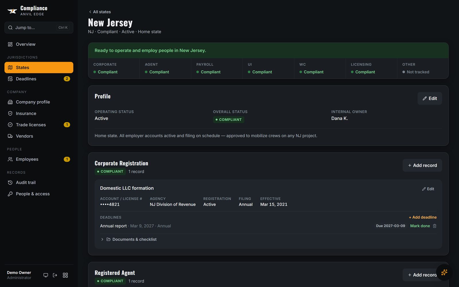 Compliance page for one state showing it is ready to operate, with each registration