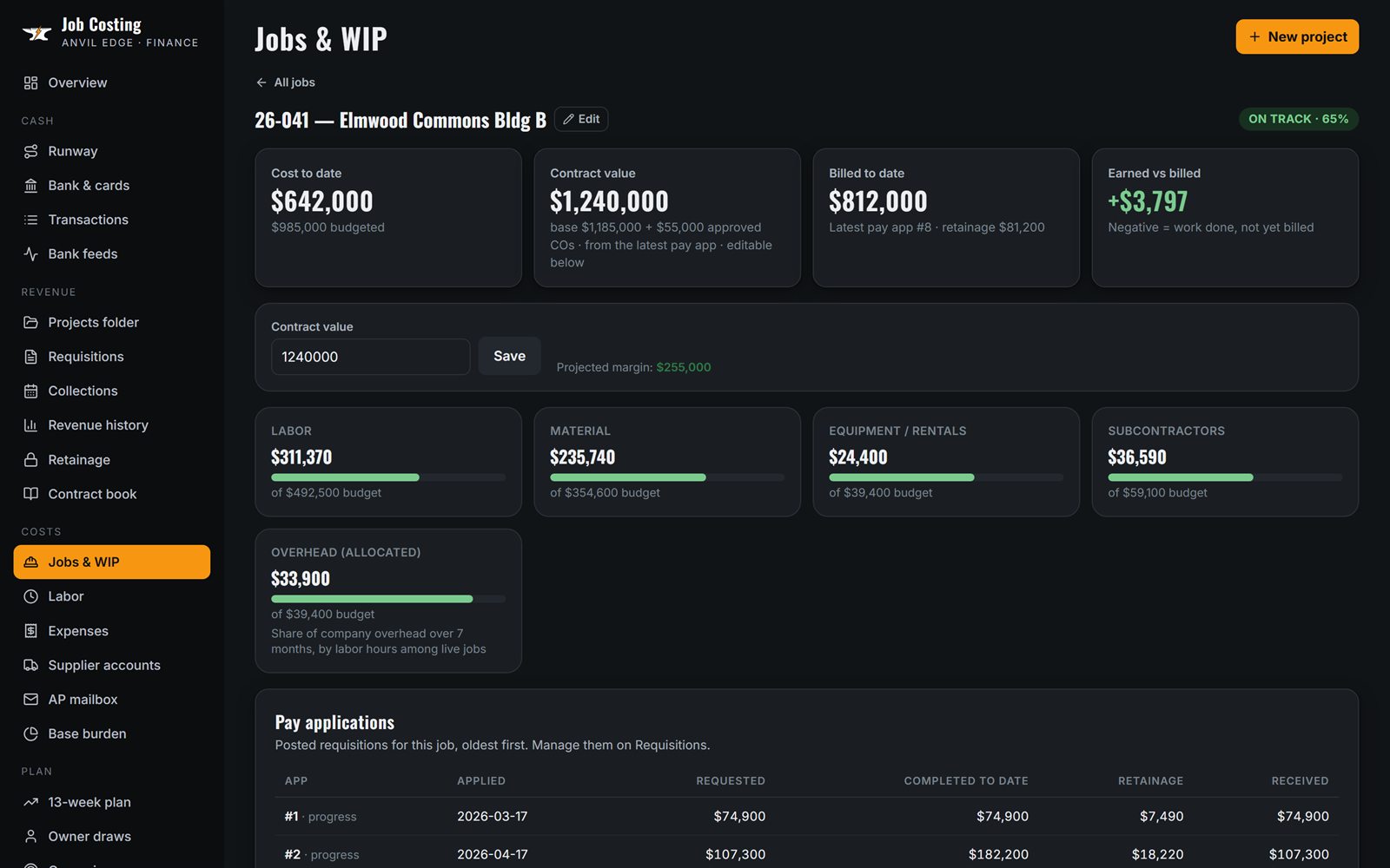 Job Costing job page with cost, contract, billing and cost categories against budget