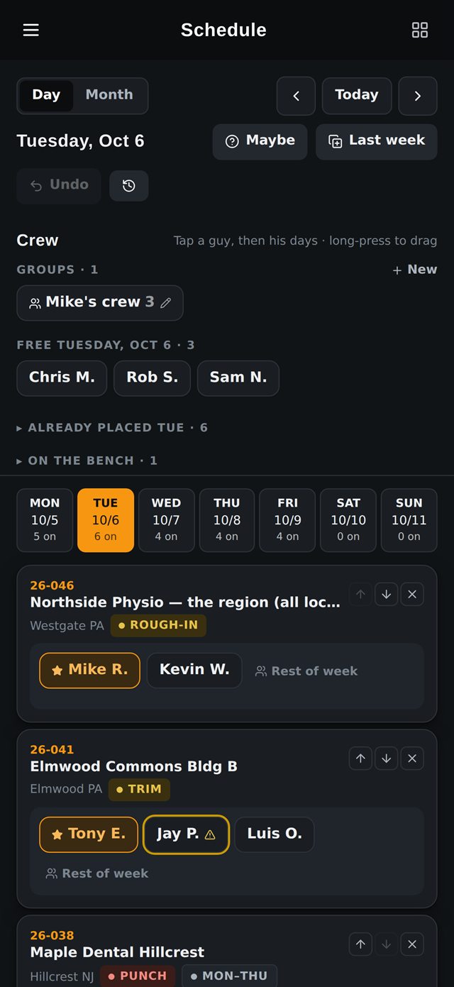 FieldOps crew schedule board for a week with crews placed on jobs