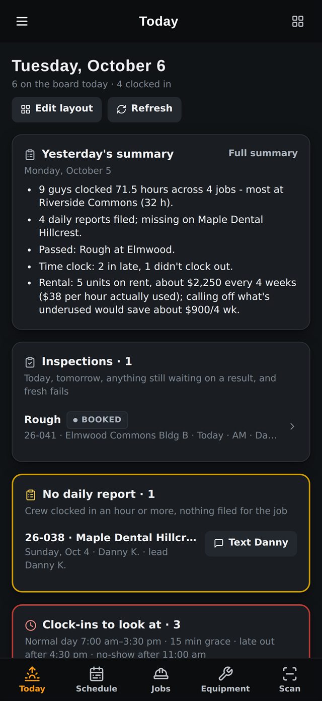 FieldOps Today screen with yesterday’s summary, inspections and missing daily reports