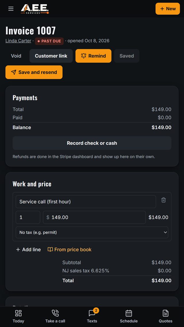 Service app invoice screen with payment and line items