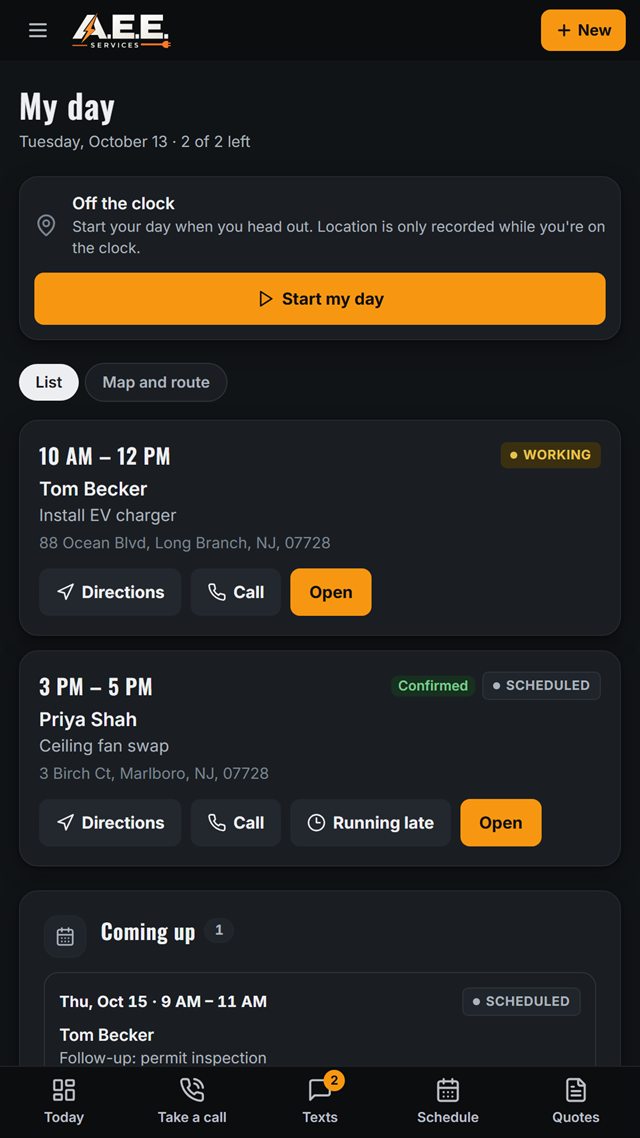 Service app technician “My day” screen with two scheduled visits