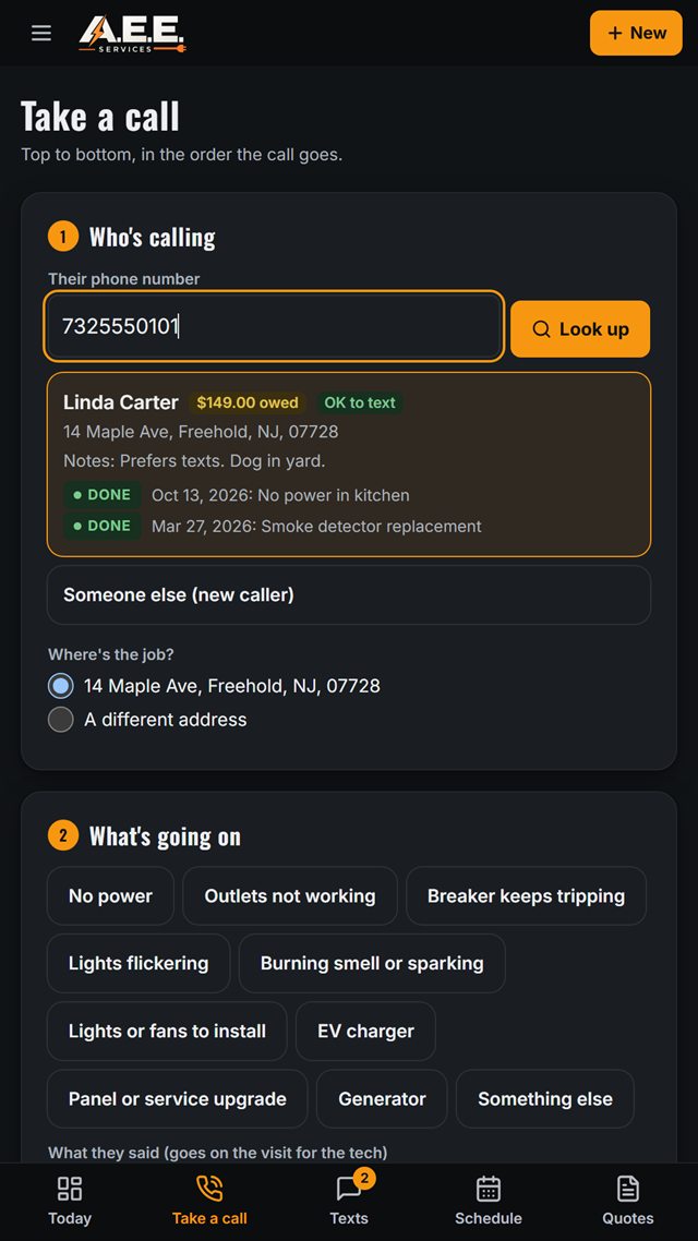 Service app “Take a call” intake screen with a returning customer found by phone number