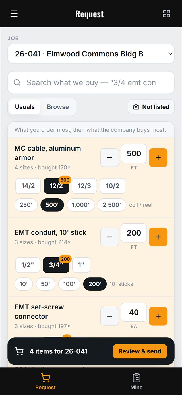 Supply Line material request on a foreman’s phone